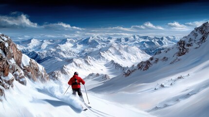 A skier descends through a breathtaking vast landscape of snow-covered mountains, emphasizing the thrill and excitement of adventure in a pristine winter setting.