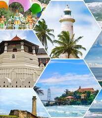 Architectural sights of Sri Lanka: lighthouses, temples, fort. Bright collage.
