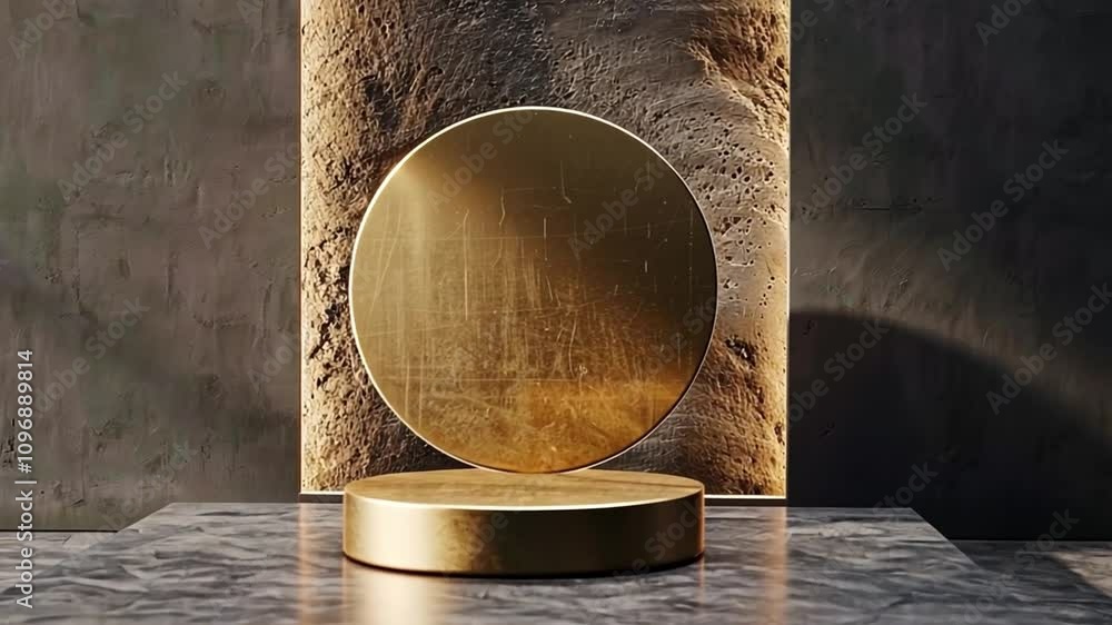 Poster a golden circular pedestal is showcased against a textured wall, creating a striking focal point in 