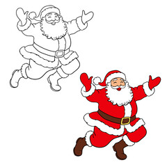 Happy dancing Santa. Color illustration and black and white outline line art, line