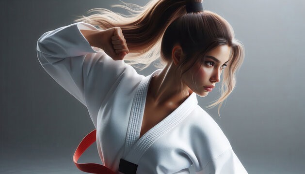 white background.woman doing taekwondo