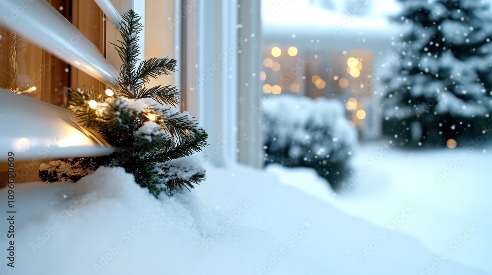 Aufkleber a peaceful winter scene shows a snow-dusted evergreen branch illuminated by soft light while gentle 