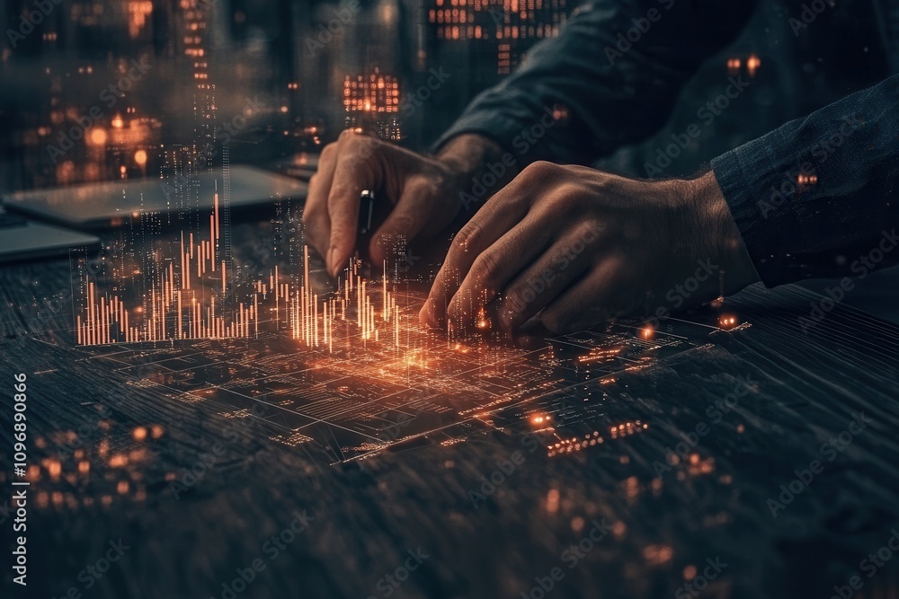 Poster A person analyzes data visualizations displayed on a surface, emphasizing analytics and technology in a modern setting.