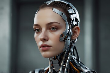 Young android head robot nice woman with part of skin and metal on a face