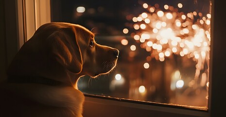A cute Labrador Retriever looking out the window at fireworks, fireworks outside the house, night scene, warm colors, New Year atmosphere, in the style of real photography.
