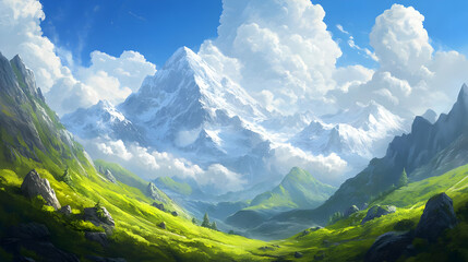A serene mountain landscape with lush greenery and dramatic clouds.