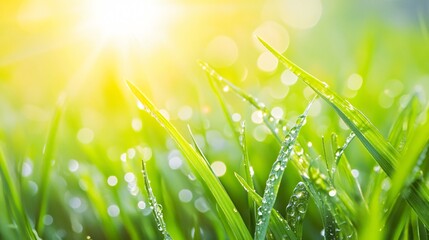 Fototapeta premium Dew-Kissed Grass Blades in Morning Sunlight