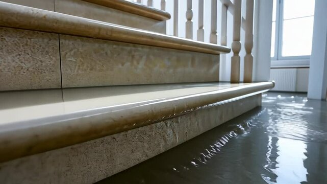 Water floods indoor staircase causing damage to flooring and property during heavy rain