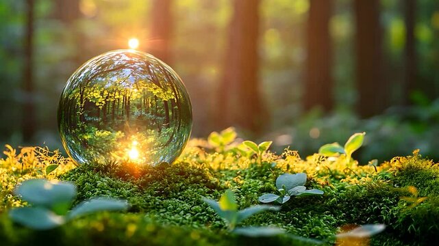 glass globe ball with tree growing and green nature blur background. eco earth day concept.