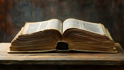 A large open book with pages turning on the wooden table, a close-up shot. The background is a dark brown wood, creating an atmosphere of knowledge and learning.