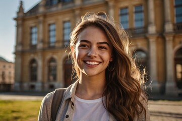 Fototapeta premium cheerful young woman stands outdoors, smiling warmly in the sunlight with a historic building in the background