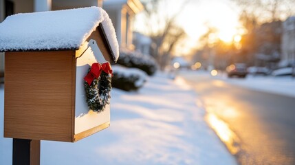 Naklejka premium A wooden mailbox with a snow-draped wreath and red bow is illuminated by the warm glow of sunset, on a snowy street, evoking warmth and tranquility.