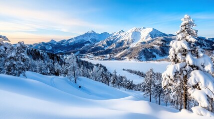 Fototapeta premium A wide, sweeping view of a snow-covered landscape with distant mountain peaks, under a bright blue sky, evoking feelings of serenity and peacefulness.