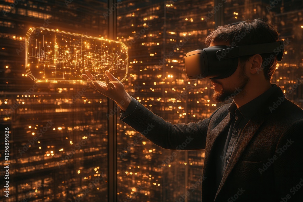 Poster A person wearing a VR headset interacts with a glowing digital object in a futuristic environment filled with shimmering lights.