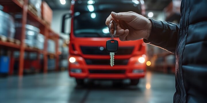 A truck driver holding the car keys to his new truck, ready for the transportation of goods in a warehouse background, close-up view of a hand with a key on a blurred red cargo