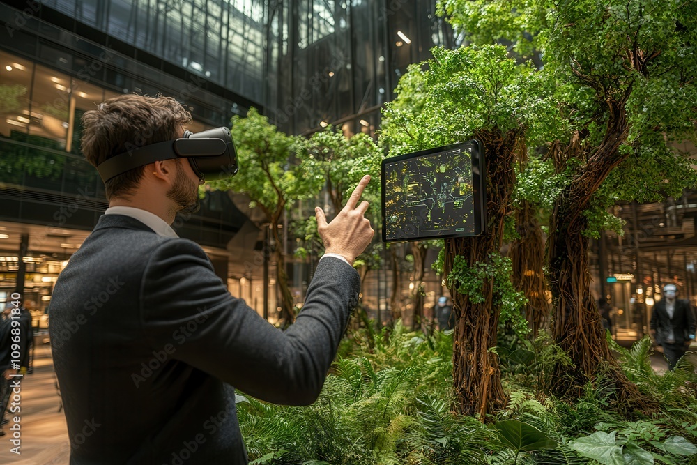 Aufkleber A man in a suit uses a virtual reality headset to interact with a digital display amidst lush greenery in a modern urban setting.