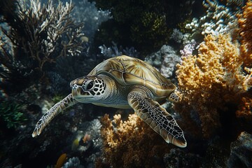Fototapeta premium A vibrant underwater scene featuring fish in the sea and in an aquarium with a green sea turtle swimming near colorful coral reefs