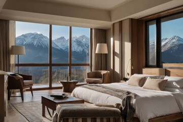 Hotel room with neutral tones, minimalist furniture, and open window with mountains outside