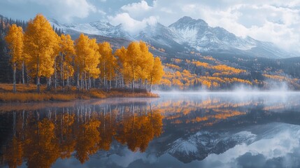 Fototapeta premium A serene autumn landscape featuring golden aspen trees by the lake with mist and mountains