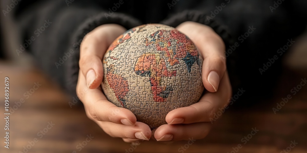 Aufkleber a person holds a small globe made of puzzle pieces, symbolizing care for the world and global unity.