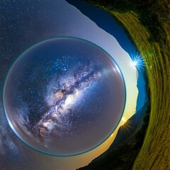 A bubble reflects the Milky Way galaxy above a mountain under a starry night sky. A long-exposure...