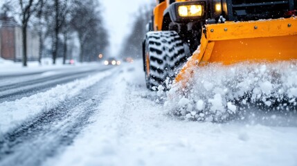 An industrious snowplow makes its way down an urban street, meticulously removing snow to keep the roads clear as vehicles follow behind in the wintry weather.