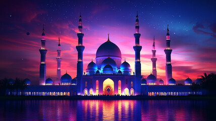 colorful mosque in night with light effect, Ramadan Kareem background with mosque with glowing neon lights, Mosque architecture building with neon lights glowing background.