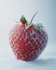 Photorealistic frozen strawberry with icy crystals on a cool background