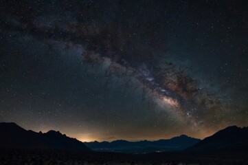 Fototapeta premium night sky filled with stars, including the Milky Way, over a dark silhouette of mountains