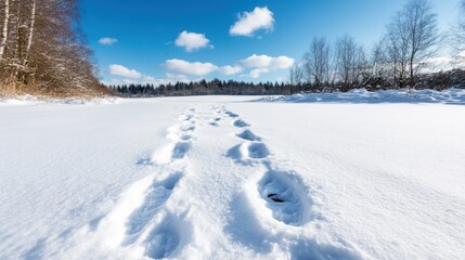 Footprints traverse a snowy open plain, framed by bare trees and distant forests, under a clear, bright sky, evoking the tranquility and isolation of winter.