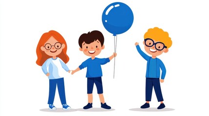 Fototapeta premium Happy Children in a Bright Setting Holding Hands, Smiling with a Blue Balloon in a Colorful and Cheerful Environment for Family and Childhood Themes