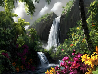 Naklejka premium A vibrant tropical landscape featuring waterfalls, lush vegetation, and colorful flowers.