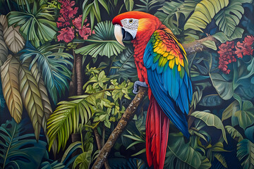 Obraz premium A vibrant parrot perched among lush tropical foliage, showcasing nature's beauty.