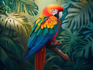 A vibrant parrot perched amidst lush tropical foliage.