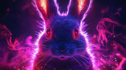 Neon mesmerizing chaos rabbit, dynamic composition and dramatic lighting, neon purple, neon orange. cyberpunk style. hyper realistic. high resolution for magazine
