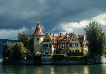Historic Habsburg Castle Amidst Scenic Lakeside Views and Stormy Skies