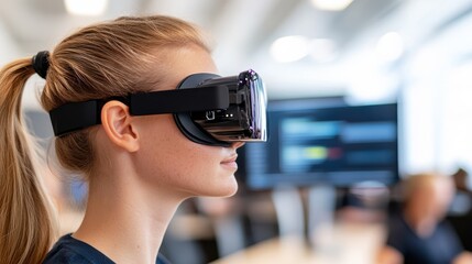 A young woman immersed in a virtual reality experience wears a sleek headset in an open, bright office, symbolizing the interaction of technology and workspace.