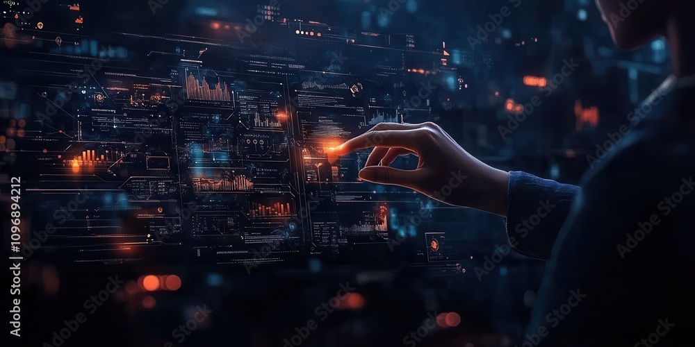 Poster A hand reaching towards a glowing digital interface, symbolizing interaction with advanced technology and data visualization in a dark, futuristic environment.