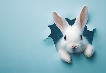 Obraz premium A cute white rabbit peeking its head out of a hole in blue paper, an Easter concept, real photograph.