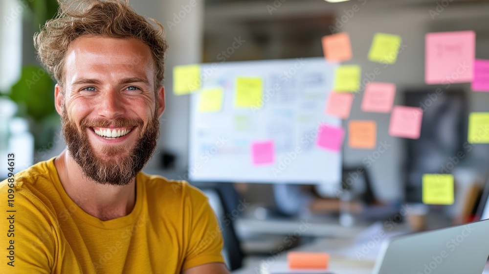 Poster a jovial bearded man is seen smiling broadly while seated at a desk in an office setting, surrounded