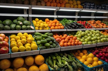 Obraz premium vibrant collection of fruits and vegetables on shelves, variety of fresh fruits and vegetables in a grocery store