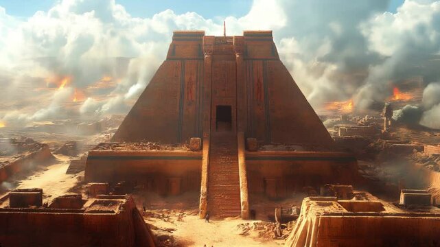 A grand pyramid stands amidst burning desert ruins. People approach the structure, its hieroglyphcovered walls towering. Smoke and dust fill the air.