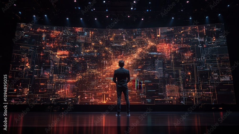 Aufkleber A figure stands before a large, illuminated screen displaying intricate patterns, symbolizing technology and data visualization.