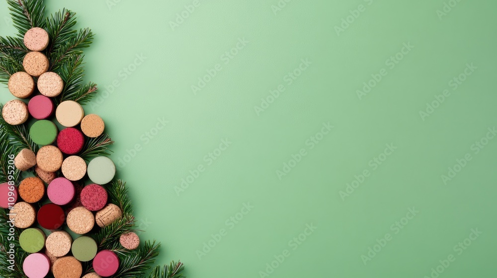 Poster creative christmas tree design made of wine corks on a festive green background with ample space for