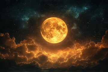 Obraz premium a celestial night sky painted in shades of gold and black, with a luminous moon and twinkling stars peeking through fluffy clouds. the dramatic color contrast evokes a sense of wonder and serenity