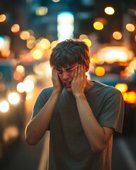 Emotional expression of young man amidst vibrant city night