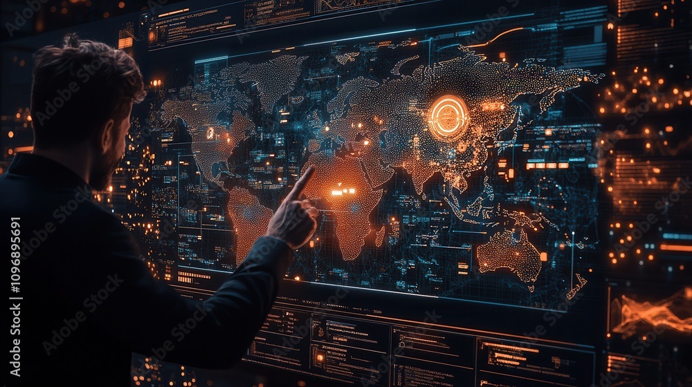 Poster A person interacts with a glowing digital map, highlighted with data points and connections, showcasing advanced technology and global networks.