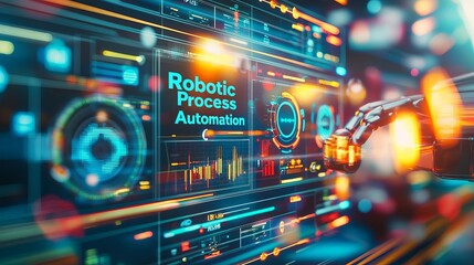 Obraz premium RPA Robotic process automation innovation AI integration Futuristic interface displaying robotic process automation technology.