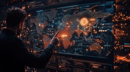 A person interacts with a glowing digital map, highlighted with data points and connections, showcasing advanced technology and global networks.