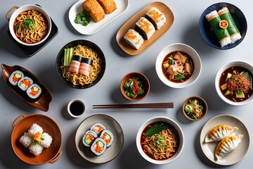 Diverse 3D Asian Food Collection Featuring Ramen Sushi Tempura Udon and Gyoza for Healthy Meal Ideas